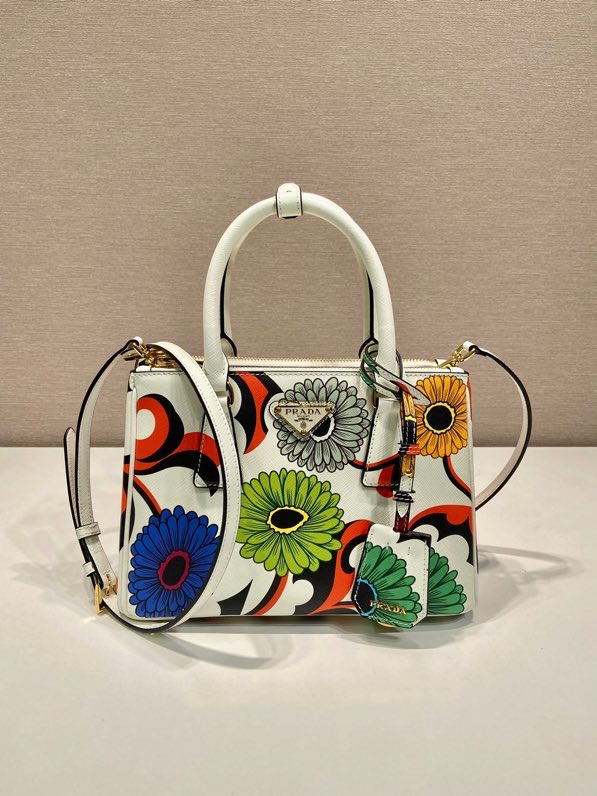 Prada Small Galleria Printed Saffiano Leather Bag Tote Shoulder Bag White 1BA896